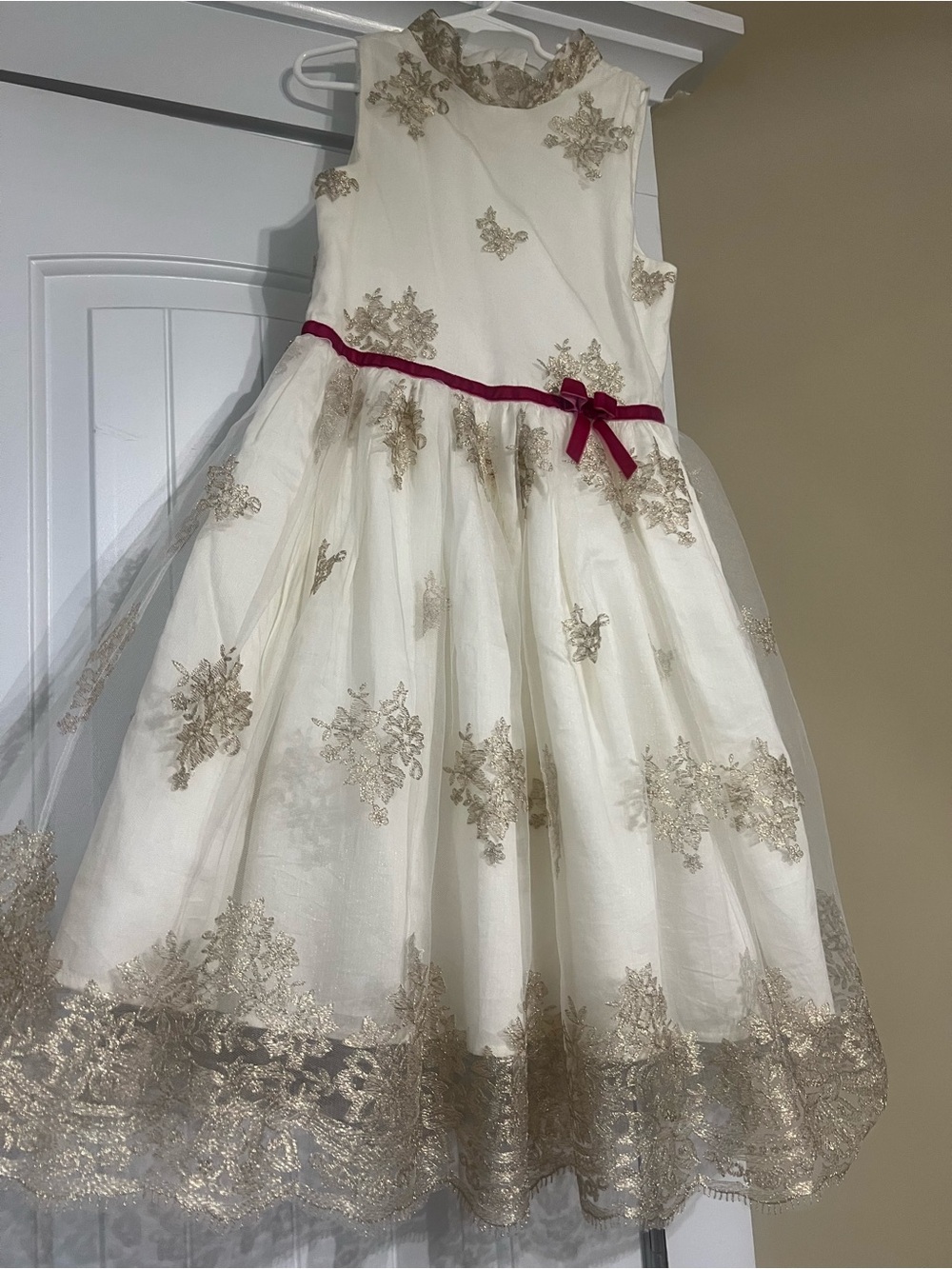 Janie and Jack Ivory Dress with Gold Lace and Burgundy Ribbon